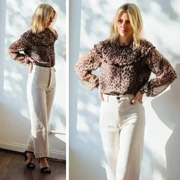 NEW Jonathan Simkhai Felicity Chiffon Blouse Camel Leopard Y2K 90s Animal Print - Picture 1 of 9